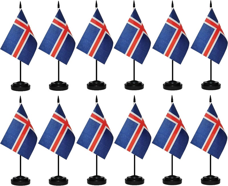 tibijoy Iceland Flags Icelanders Small Mini Desk Flags Set Small Mini Icelandic Flags Table Flag with 13" Black Pole, Black Base and Spear Top, Miniature Iceland Deluxe Desktop Flag, Home Decoration, Office Decoration, Festival Celebrations(12 Pack ) - Image 1